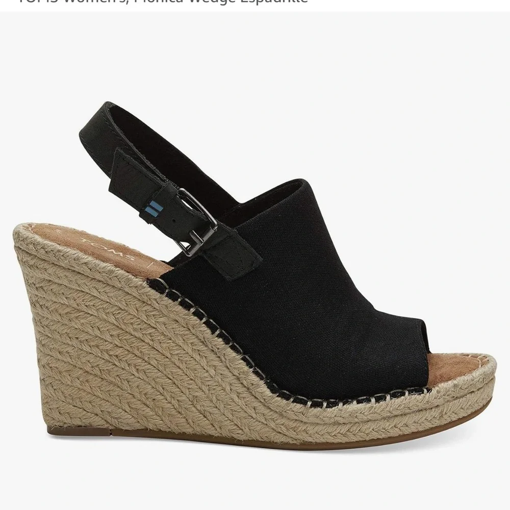 NEW TOMS Monica Platform Wedge Black Tan Espadrille Sandals women size 7